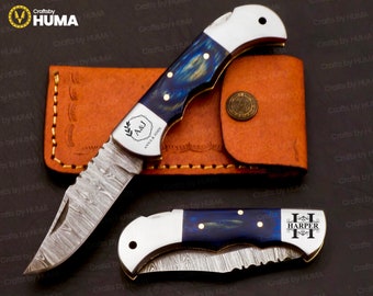 Cuchillo de bolsillo de acero de Damasco, cuchillo plegable grabado, cuchillo de supervivencia para acampar, regalo de jubilación para hombres, cuchillo hecho a mano personalizado para padrino