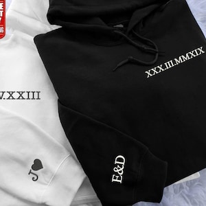 Roman Numeral Matching Hoodie, Custom Embroidered Anniversary Date Hoodie, Initials on Sleeve, Couple Wedding Hoodies, Gift for Boyfriend