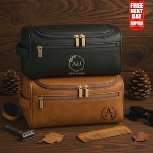Neceser de cuero personalizado para hombre, neceser con monograma grabado personalizado, neceser de viaje, neceser de aseo para papá, regalo para el Día del Padre.