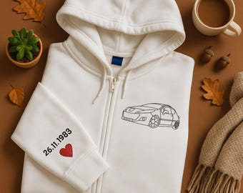 Sudadera con capucha y cremallera con retrato de coche bordado, sudadera a juego con boceto de arte lineal de coche, jersey con inicial personalizada para amantes de los coches, el mejor regalo para 80 cumpleaños.
