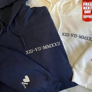 Custom Embroidered Roman Numerals Hoodie, Anniversary Day Couple Matching Hoody, Personalised Initials with Heart Hoodie, Gift for Boyfriend