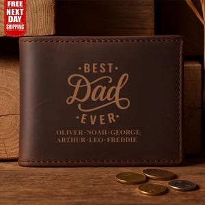 Cartera de cuero grabada para papá, cartera personalizada para papá con nombres de niños, regalo personalizado para el Día del Padre de los niños, regalo de cumpleaños para su esposo.