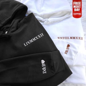 Embroidered Roman Numeral Matching Hoodie, Custom Initials with Heart Sleeve Jumper, Custom Anniversary Date Couple Hoodies, Boyfriend Gifts