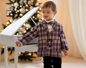 Blazer bébé en lin, vêtements enfants en lin, veste de Noël garçons, veste en lin à carreaux, costume pour garçons en lin, blazer vintage pour tout-petits + nœud papillon