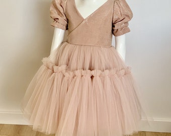 Gold handmade dress for children, flower girl dress, princess dress, tulle dress, stin dress, birthday dress