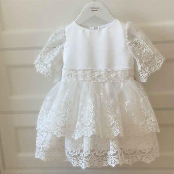 Children's off white tulle boho dress with guipure, baptism BOHO dress, christening dress, first birthday dress