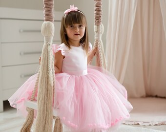 Children's pink flower girl dress with pom pom, first birthday dress, party tulle dresses for children, handmade