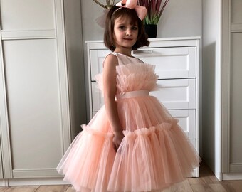 Children's peach flower girl dress, first birthday dress, party tulle dress for children, handmade