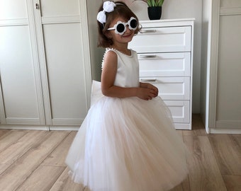 Children's milky long tulle dress with pearls, flower girl dress, communion dress, birthday dress