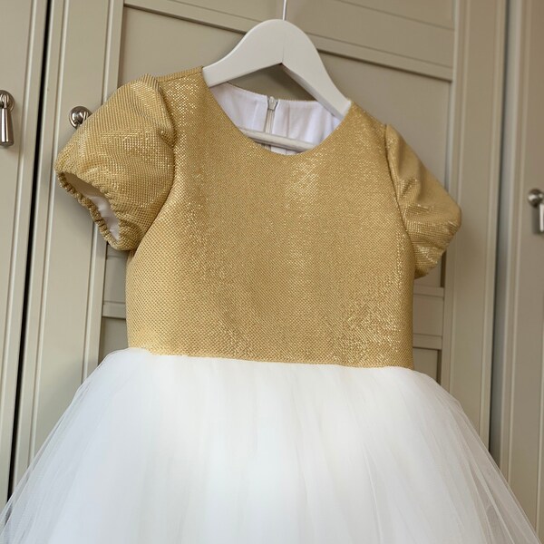 Flower girl glitter children dress, off white and gold tulle dress, gold glitter dress, birthday dress, baptism dress, tutu kid dress