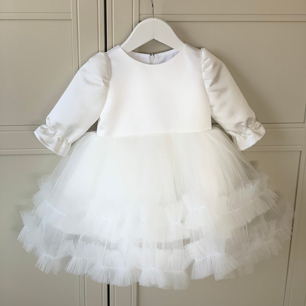 Children's off white tulle dress, long sleeve dress, autumn baptism dress, baptism dress, christening dress, first birthday dress