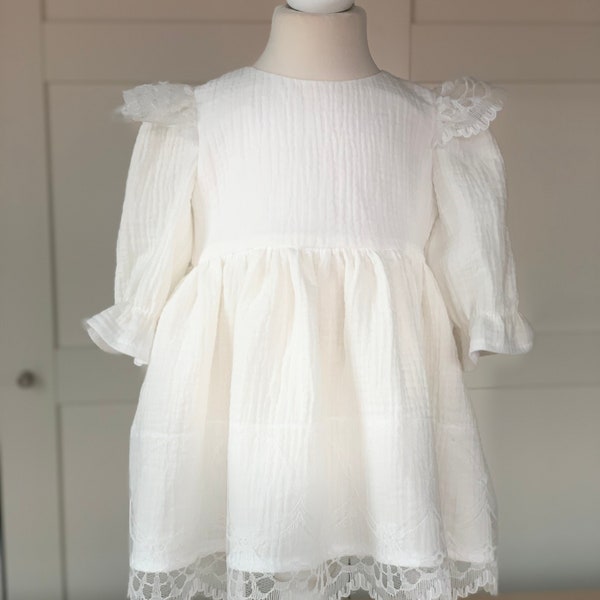 Muslin toddler white baptism girl's dress, baptism muslin white lace dress, boho baby dress for christening, long sleeved ecru lace dress