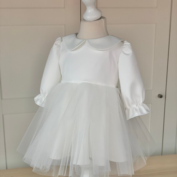 Toddler white baptism girl's dress, baptism white tulle dress, boho baby dress for christening, long sleeved baby girl lace dress