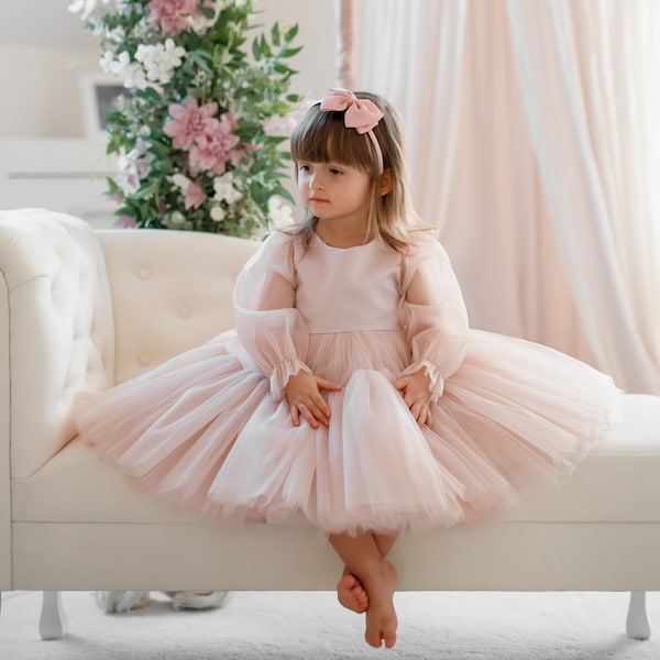 Children's dusty pink tulle dress for flower girls, birthdays, celebrations