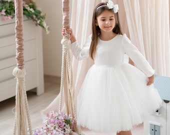 White First Birthday Dress, Tutu flower girl dress, Off White girl dress, flower girl dress, ivory lace girl dress