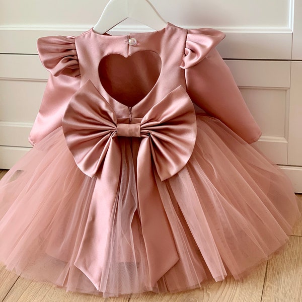 Dusty rose flower girl tulle dress with long sleeves, long sleeved satin and tulle children dress, baby tulle dress, toddler birthday dress