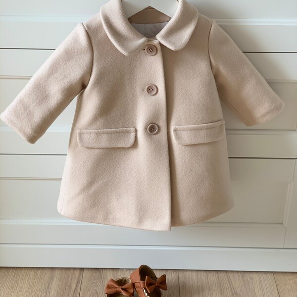 Wool kids beige jacket, girl's coat. Wool kids jacket for flower girl, long sleeved jacket, wool jacket for tulle dress, infant jacket