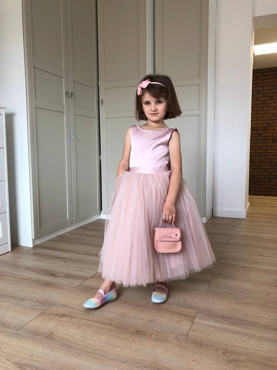 Children s Dusty Rose Long Tulle Dress With Pearls Flower Girl