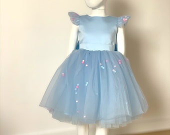 Children's light blue flower girl dress with pom pom, first birthday dress, party tulle dresses for children, handmade