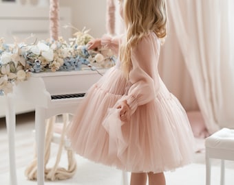 Children's dusty pink tulle dress for flower girls, birthdays, celebrations