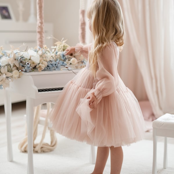 Children's dusty pink tulle dress for flower girls, birthdays, celebrations