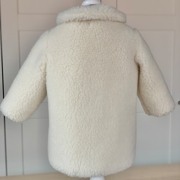 Wool ecru (white) teddy bear baby coat, girl's winter coat. Wool kids fall jacket long sleeved, wool toddler fluffy jacket, baby wool coat