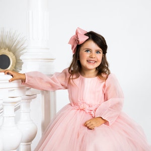 Flower girl dress satin, Dusty peach dresses, Wedding flower girl dress, Princess dress, Birthday dress, Tulle baby dress image 2