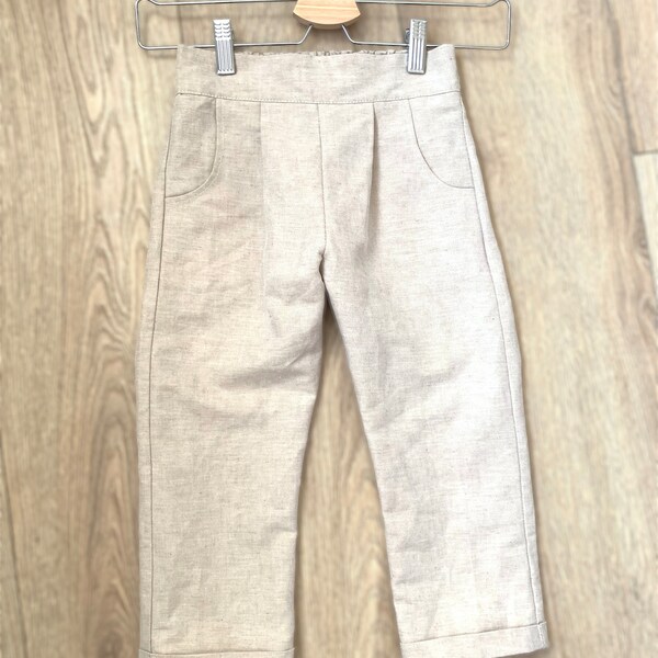 Pantalones de lino para bebé, pantalones de lino para niños pequeños con bolsillos, pantalones de lino beige para niños, pantalones de lino para niños, pantalones de lino para niños