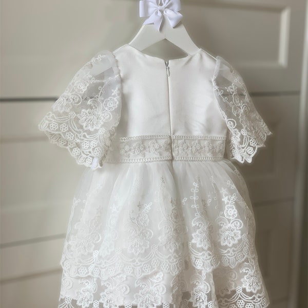 Children's off white tulle boho dress with guipure, baptism BOHO dress, christening dress, first birthday dress