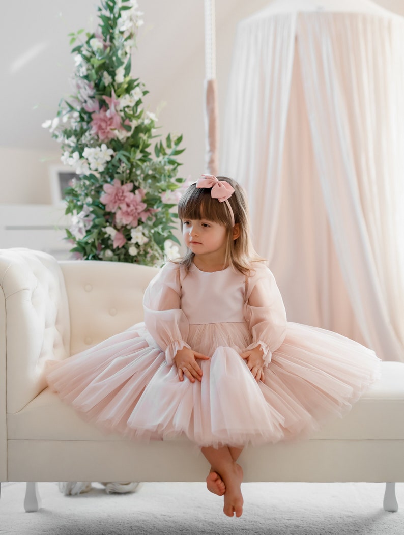 Robe enfant en tulle rose poudré pour demoiselles d'honneur, anniversaires, fêtes image 4