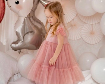 Robe de fille fleurie satin, Robes pêche poussiéreuses, Robe fille fleur mariée, Robe princesse, Robe anniversaire, Robe bébé Tulle