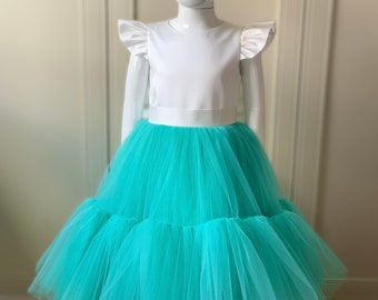 Flower girl dress in white & turquoise colours, Wedding flower girl dress, Princess dress, Birthday dress, Tulle baby dress, toddler dress