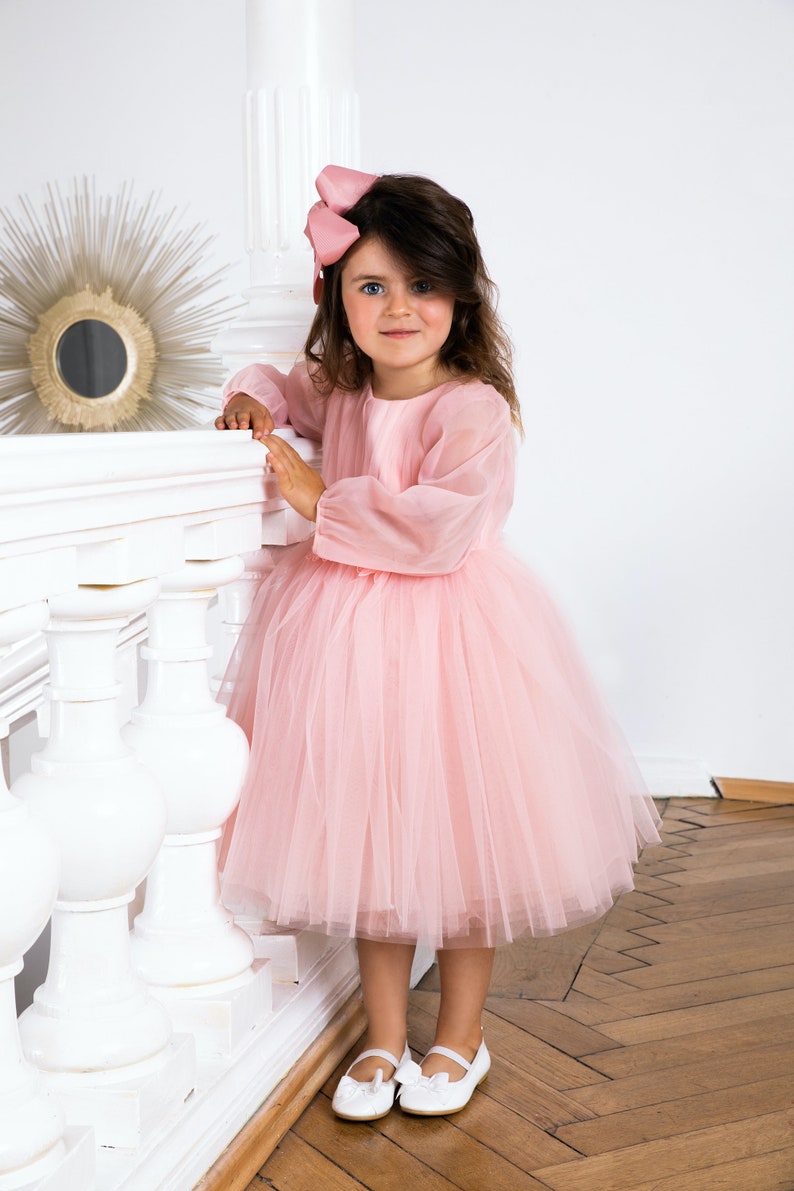 Flower girl dress satin, Dusty peach dresses, Wedding flower girl dress, Princess dress, Birthday dress, Tulle baby dress image 1