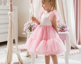 Flower girl pink children's dress, from satin and italian tulle, birthday dress, festive dress for girls