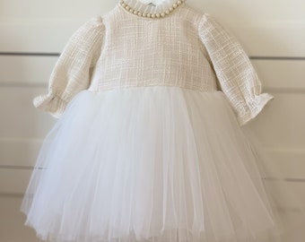 Children's first birthday dress with pearls from tweed and tulle, flower girl dress, communion dress from tulle and satin