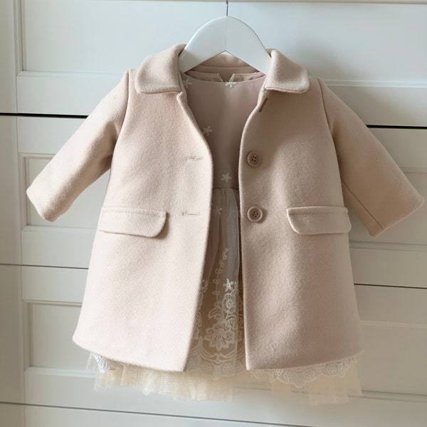 Wool kids beige jacket, girl's coat. Wool kids jacket for flower girl, long sleeved jacket, wool jacket for tulle dress, infant jacket