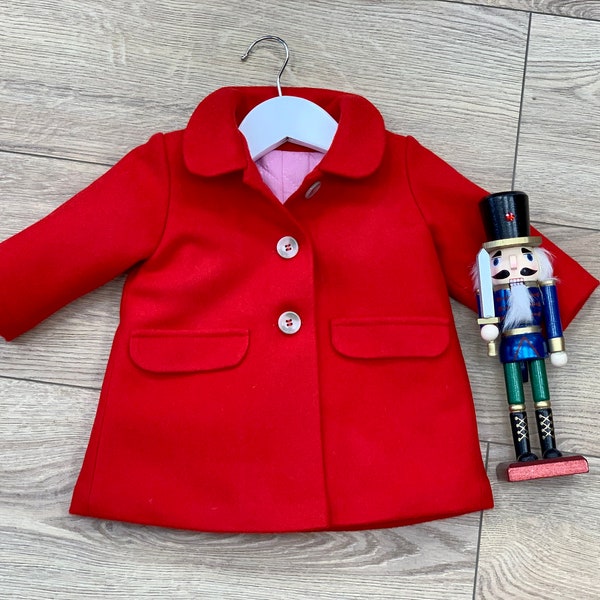 Wool baby red jacket, girl's coat. Wool kids jacket for Christmas, long sleeves, wool jacket for tulle dress, baby wool coat