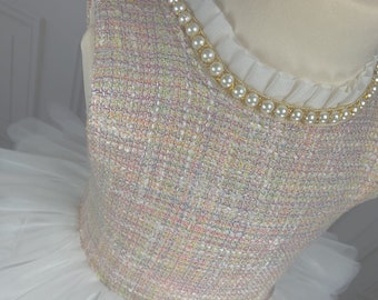 Children's first birthday dress with pearls from tweed and tulle, flower girl dress, communion dress from tulle and satin