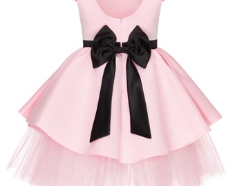 Children's pink dress with black belt, flower girl dress, firts birthday dress, tulle handmade dress