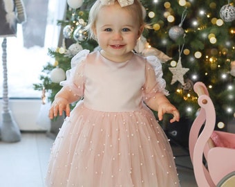 Children's dusty rose tulle dress handmade with pearls, first birthday dress, christening, baptism, birthday, flower girl.