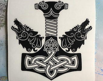 Thor's Hammer Mjolnir with Odin's Wolves Vinyl CAR DECAL Pagan Asatru Norse Viking Sticker