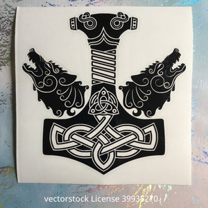 Thors Hammer Mjölnir und Odins Wölfe Vinyl Autoaufkleber Pagan Asatru Wikinger Aufkleber