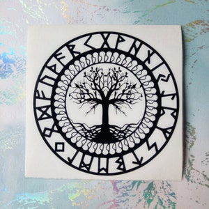 May include: Black and white sticker of a tree of life with a circle of runes around it.
