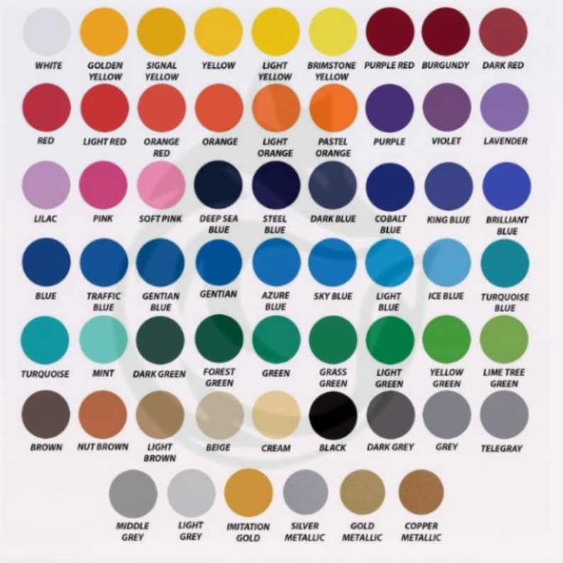 May include: A color chart with 100 different color swatches, each with a name label. The colors are arranged in rows and columns, and include shades of white, yellow, orange, red, pink, purple, blue, green, brown, and gray.