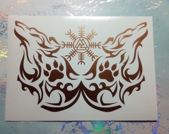 Odin's Wolves Geri and Freki with Helm of Awe Transparent Vinyl Decal/ Sticker for cars, tumblers, laptops, motorcycles, helmet decals