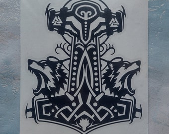 Thors Hammer Mjölnir und Odins Wölfe Vinyl Autoaufkleber Pagan Asatru Wikinger Aufkleber