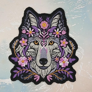 Embroidered Floral Wolf Patch | Sew-on or Iron-on Wolf | Wolf Head Patch | Floral patch