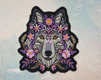 Embroidered Floral Wolf Patch | Sew-on or Iron-on Wolf | Wolf Head Patch | Floral patch