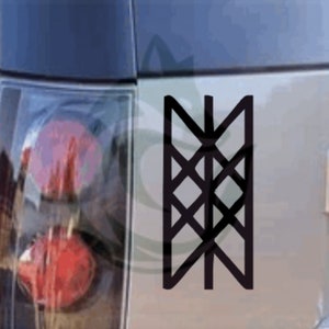 May include: Black and white vinyl sticker of a Vegvisir symbol, a Norse directional symbol, on a car window.