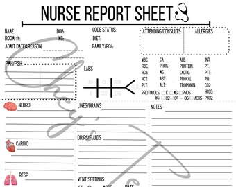 Nurse Report Sheet | Handoff Template, Nurse Brain (PDF Pattern)
